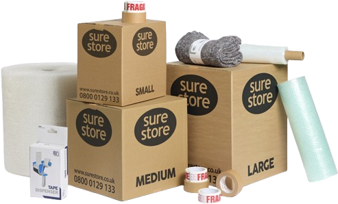 Three cardboard boxes labeled 
